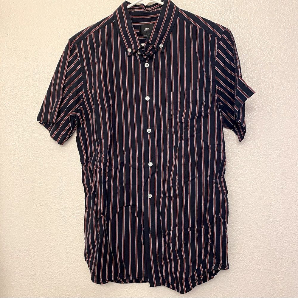 Obey 100% cotton Button Down stripe blue red casual Short Sleeve Shirt -S